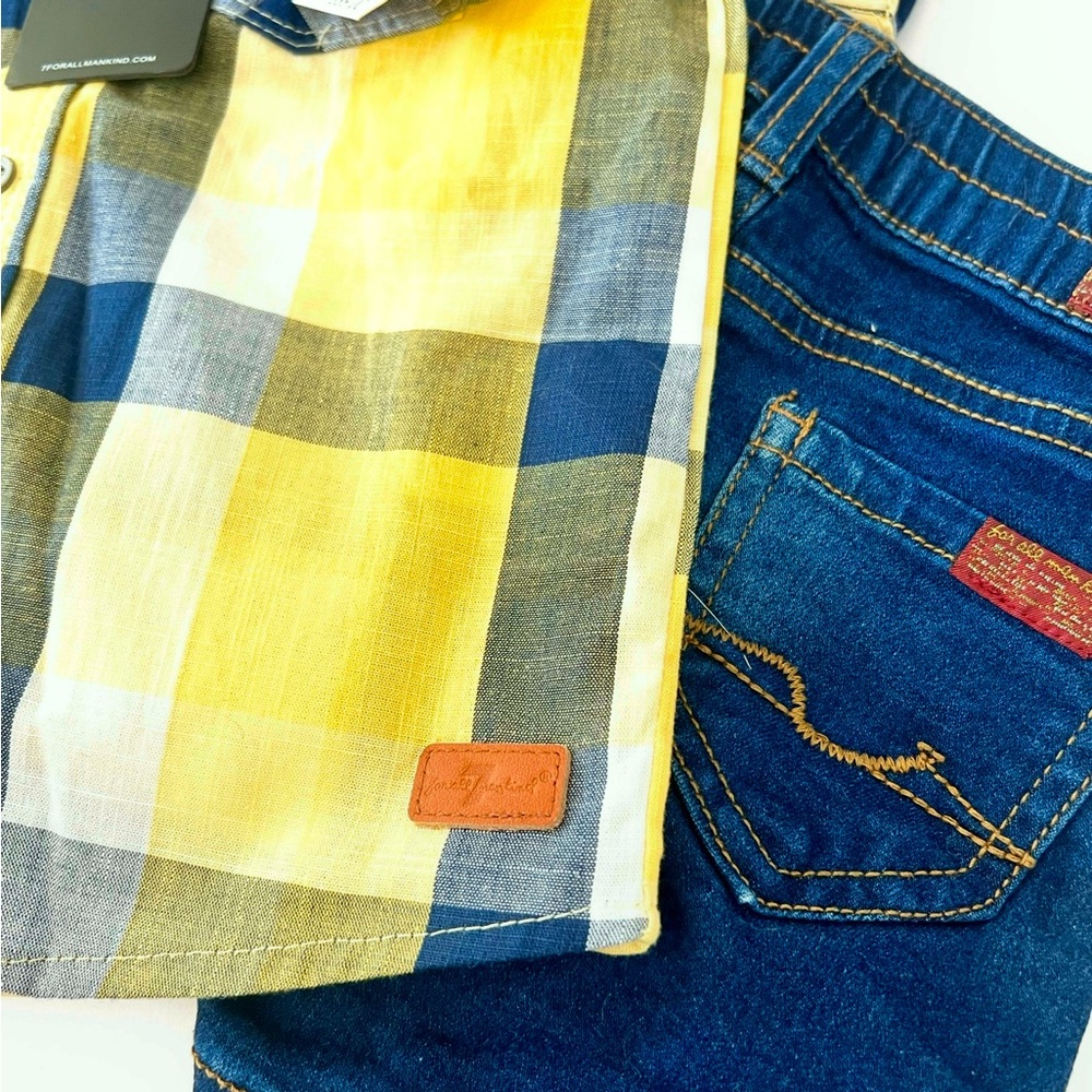 Yellow Plaid Kids Shirt & Jean shorts set by 7 For mankind new with tags - Picture 13 of 13